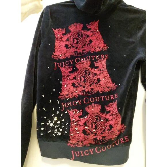 Vintage Y2K Juicy Couture Velour Hoodie Graphic Rhinestones Black Red Medium - Picture 8 of 12